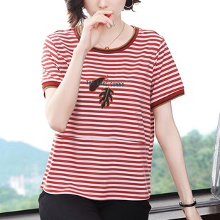 中老年洋气大码 妈妈夏装 宽松减龄遮肚小衫 纯棉短袖 条纹上衣 t恤女