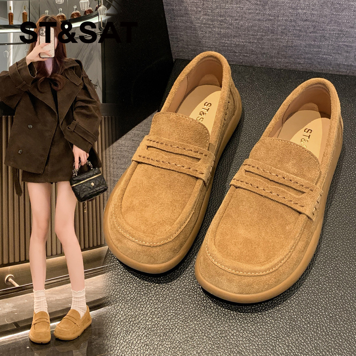 星期六英伦风乐福鞋女2026春季新款一脚蹬单鞋牛皮女鞋软底勃肯鞋,女鞋,乐福鞋（豆豆鞋）,淘宝优惠券,粉丝福利购,淘宝优惠卷