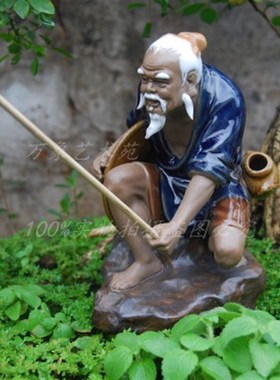 优选高16cm姜太公钓鱼陶瓷摆件优雅假山盆景鱼缸水族家居书桌装饰