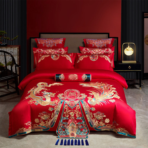 优选顺合美婚房四件套中式刺绣喜庆床上用品高端龙凤呈祥床单床笠