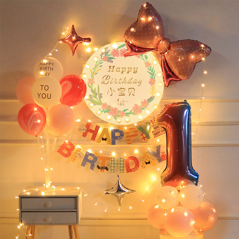 网红女孩周岁女童生日装饰场景布置背景墙定制女宝宝灯气球套餐图片