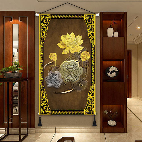 新中式金色荷花玄关布艺挂画墙壁遮挡装饰画客厅背景布画挂毯画