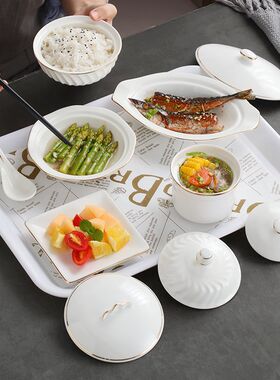 产妇专用陶瓷餐具套装碗盘环保卫生高档带盖月子餐一人份炖汤盅碗