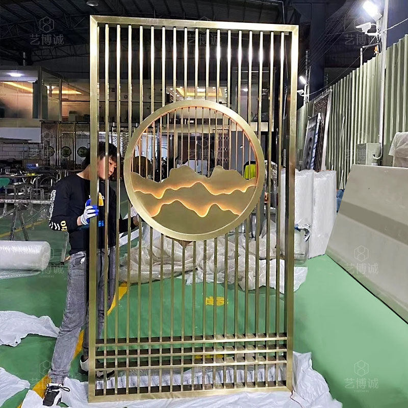 定制室内外庭院玄关镂空景墙花格客厅隔间新中式不锈钢假山屏风
