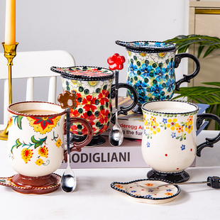 手绘陶瓷杯子马克杯高脚杯高颜值喝水杯燕麦早餐杯暖手杯家用带盖