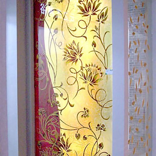 定制钢化艺术玻璃玄关隔断背景墙雕刻双面工艺典雅荷花莲玻璃文化