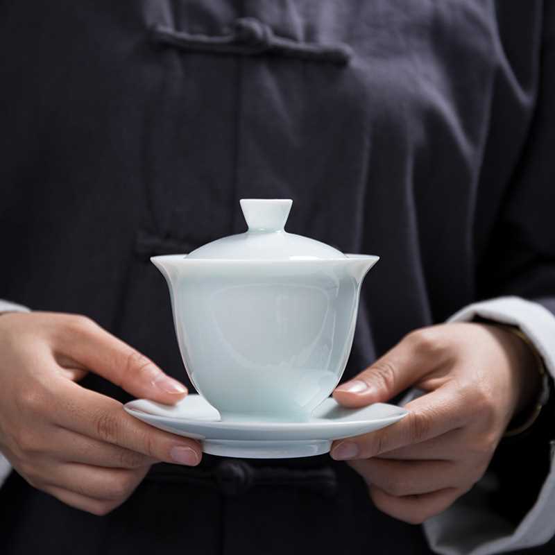 茶具青瓷影青釉玉泥功夫三才盖碗大号陶瓷泡茶器茶碗敬茶杯不烫手