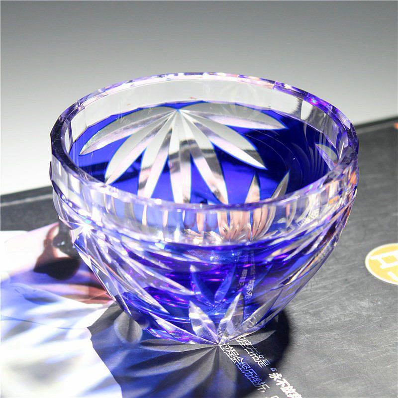 江户切子玻璃清酒烈酒杯蓝色套色手工刻花日本硝子家用主人杯轻奢