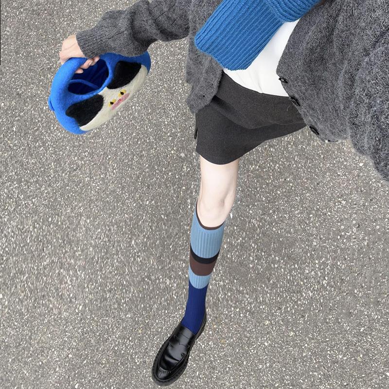 蓝色条纹袜子配小皮鞋女精梳棉拼色小腿袜日韩系学院风堆堆长筒袜