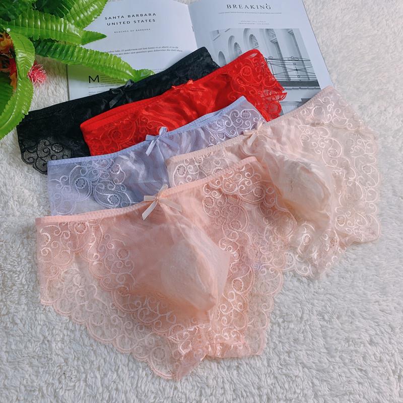 男士蕾丝花边内裤三角裤性感大尺码网纱黑粉色诱惑透明薄款囊袋送