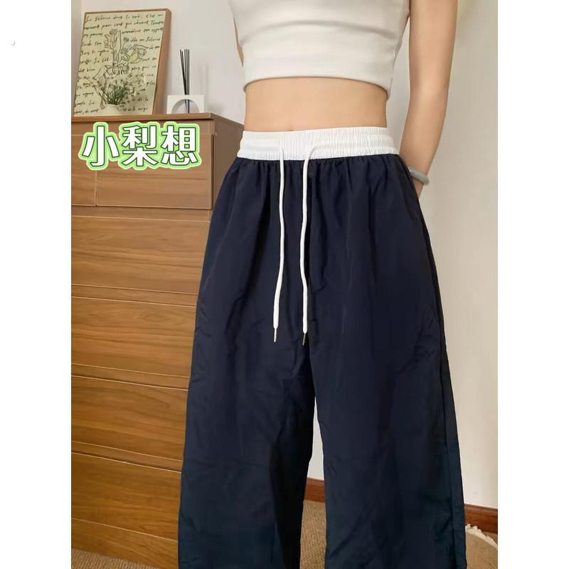 美式复古拼接松紧腰阔腿裤女夏宽松垂感直筒山本裤