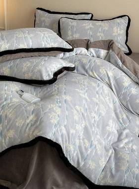 冬季绒加厚牛奶NEK绒加四件套立体雕暖花保兔边被套床笠床毛品蓝