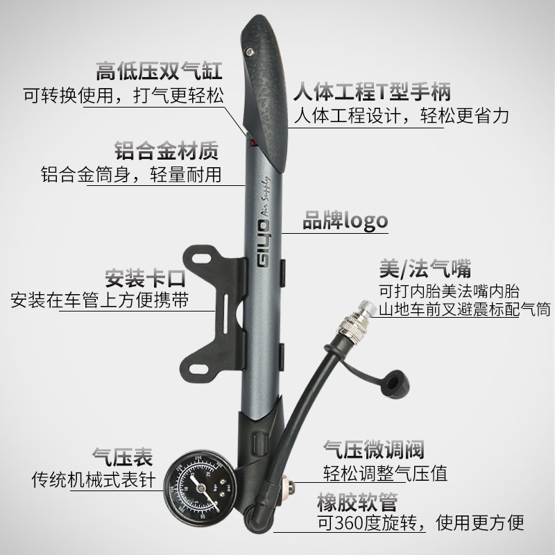 台湾GIYO自行车高压前叉打气筒轮胎气叉后胆避震FOX便携带气压表