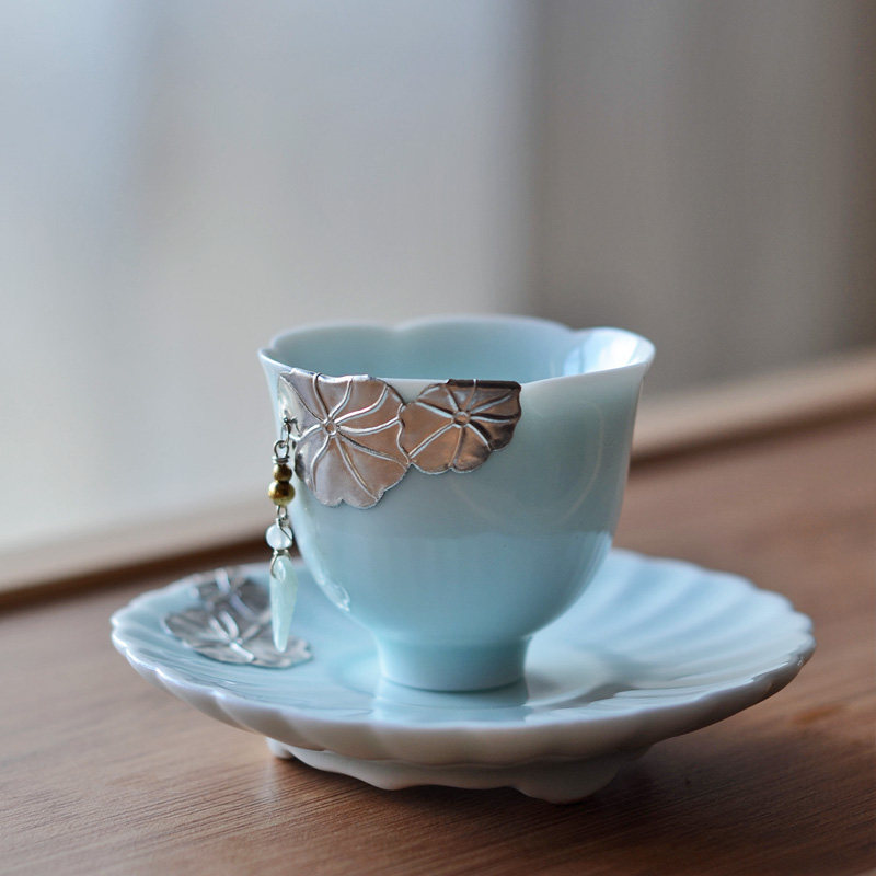 日式茶杯陶瓷主人杯单杯镶银锡坠饰高档杯子功夫茶小茶杯手工喝茶