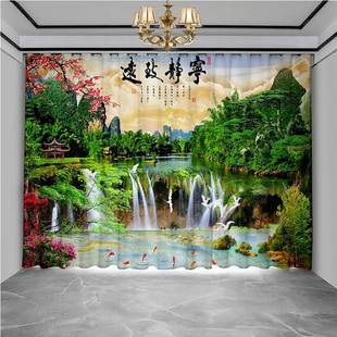 新中式山水画画窗帘布遮光2025新款国风茶室办公风景室内隔断窗屏
