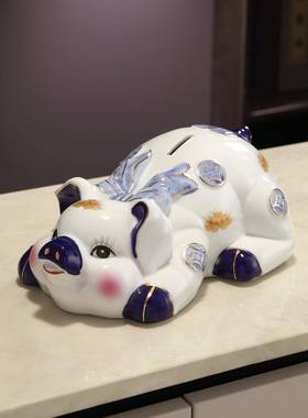陶瓷五彩存钱罐猪可存可取陶瓷可爱猪摆件带存钱罐家居饰品摆件