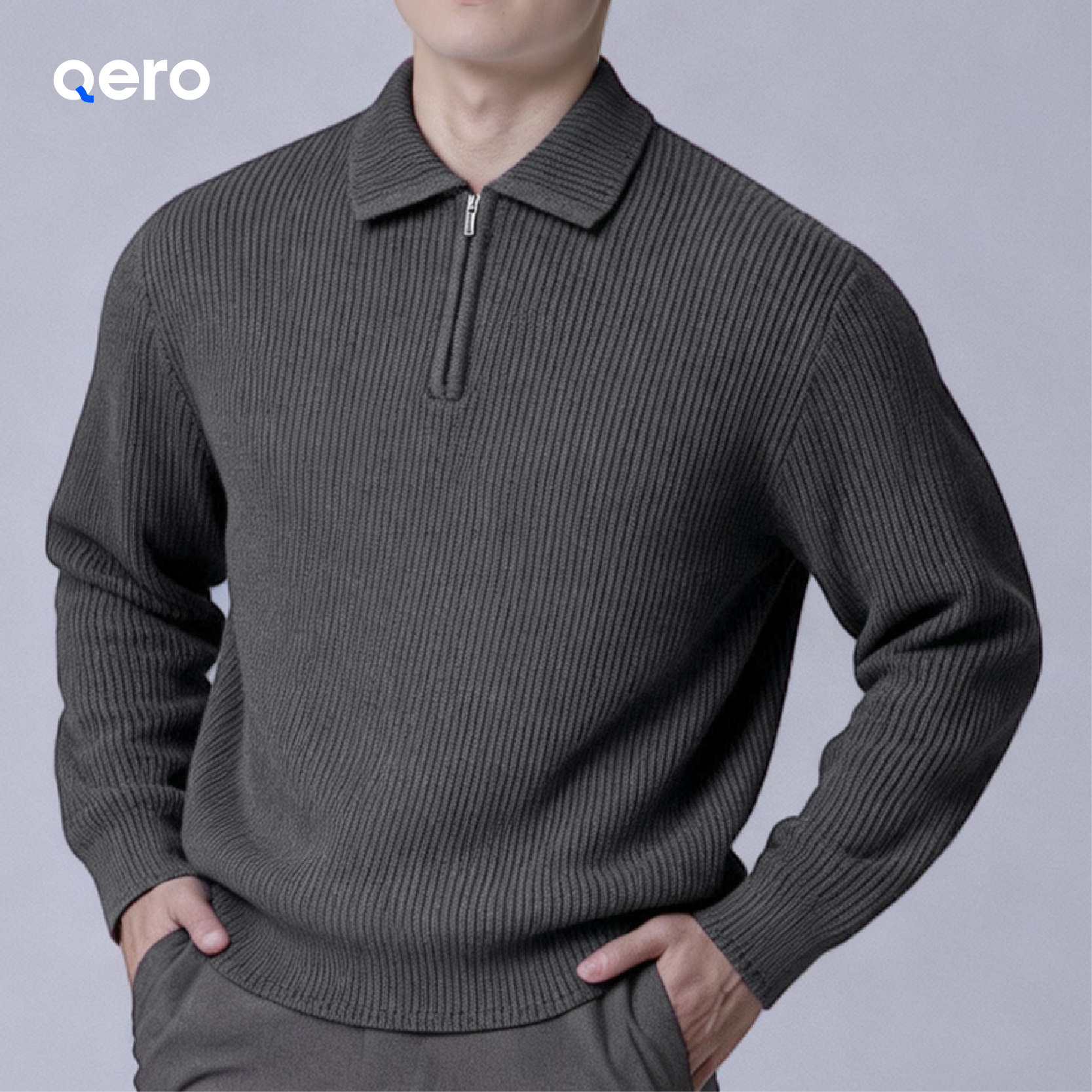 QERO-商务休闲纯色秋季针织衫美式复古毛衣秋冬百搭灰色长袖毛衣