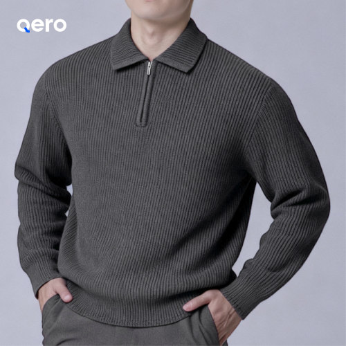 QERO-商务休闲纯色秋季针织衫美式复古毛衣秋冬百搭灰色长袖毛衣