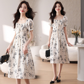 高级感仙气超仙森系仙女长裙方领碎花连衣裙子 女装 新款 夏季