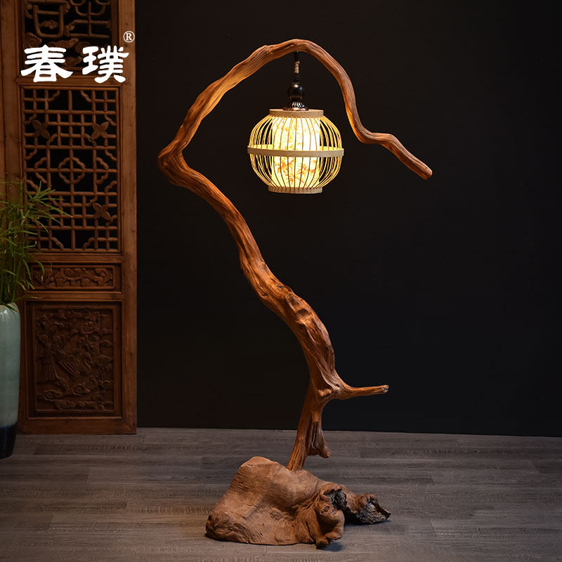 天然太行崖柏根雕摆件工艺灯原木头木雕随形落地灯仿古灯艺术台灯