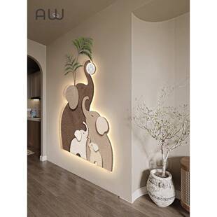 大象入户玄关装饰画灯光画一家四口走廊尽头挂画立体砂岩客厅壁画