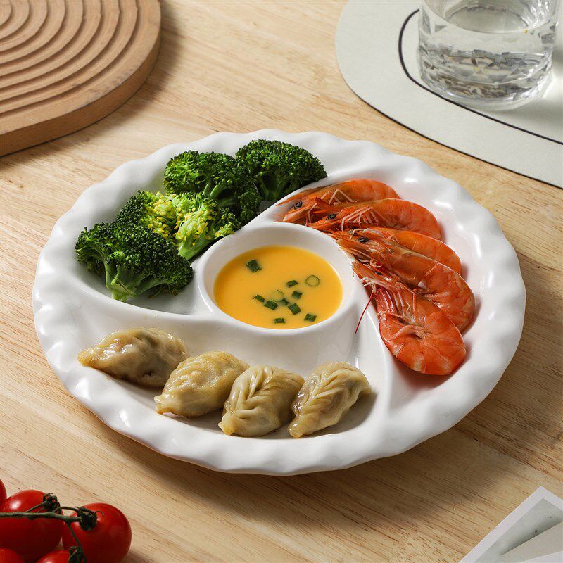 雅瓷三合一陶瓷三分格蒸盘家用宝宝辅食盘蒸蛋盘电饭锅内分格餐盘