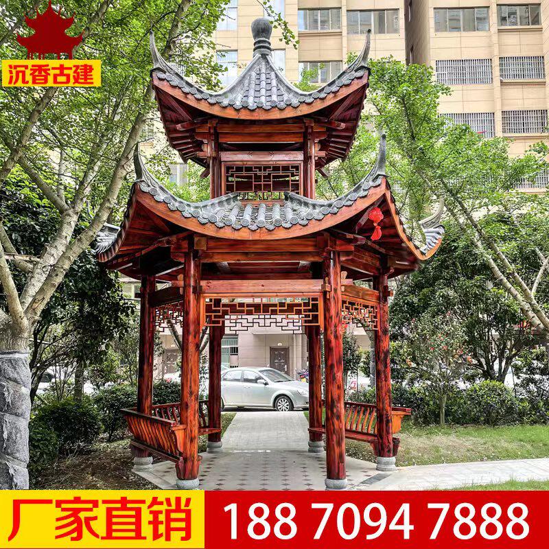 厂家直销防腐木双层六角凉亭户外庭院别墅景观碳化实木八角亭定制