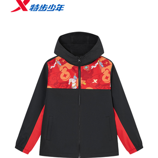 福燈贺岁|特步童装儿童加绒冬装外套摇粒绒风衣男童红色马年上衣