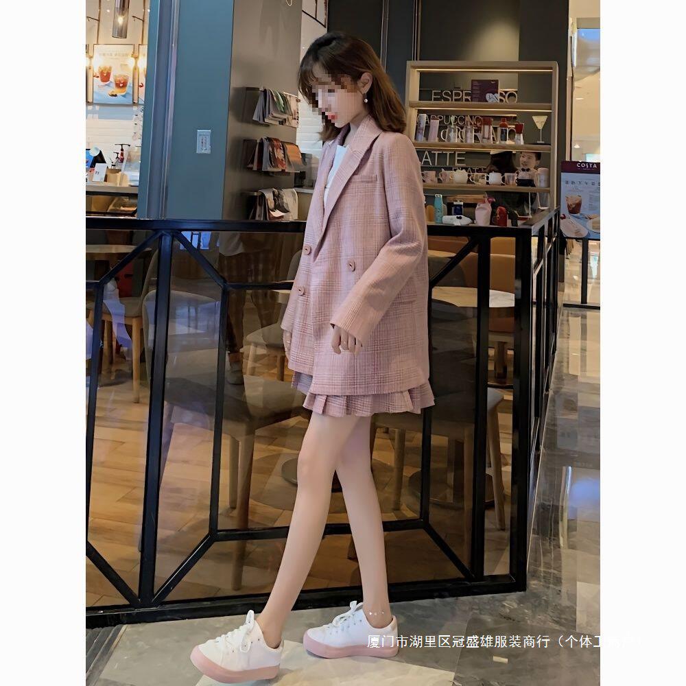 春秋法式通勤格子西装外套女2024宽松甜美小西服百褶裙两件套