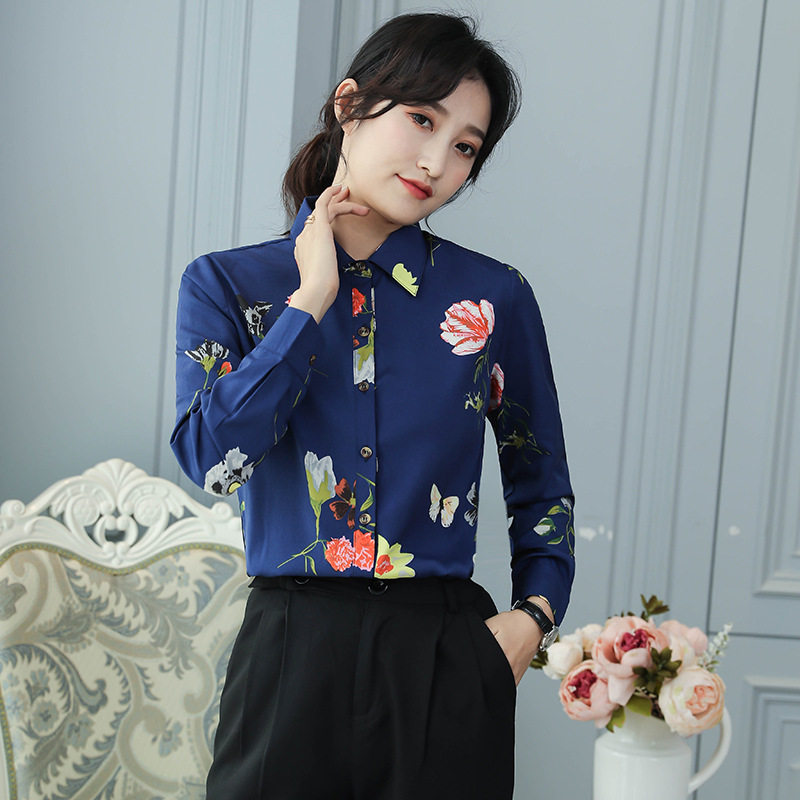 2024早春新款女装深蓝色印花女长袖衬衫女修身复古打底衫上衣女装
