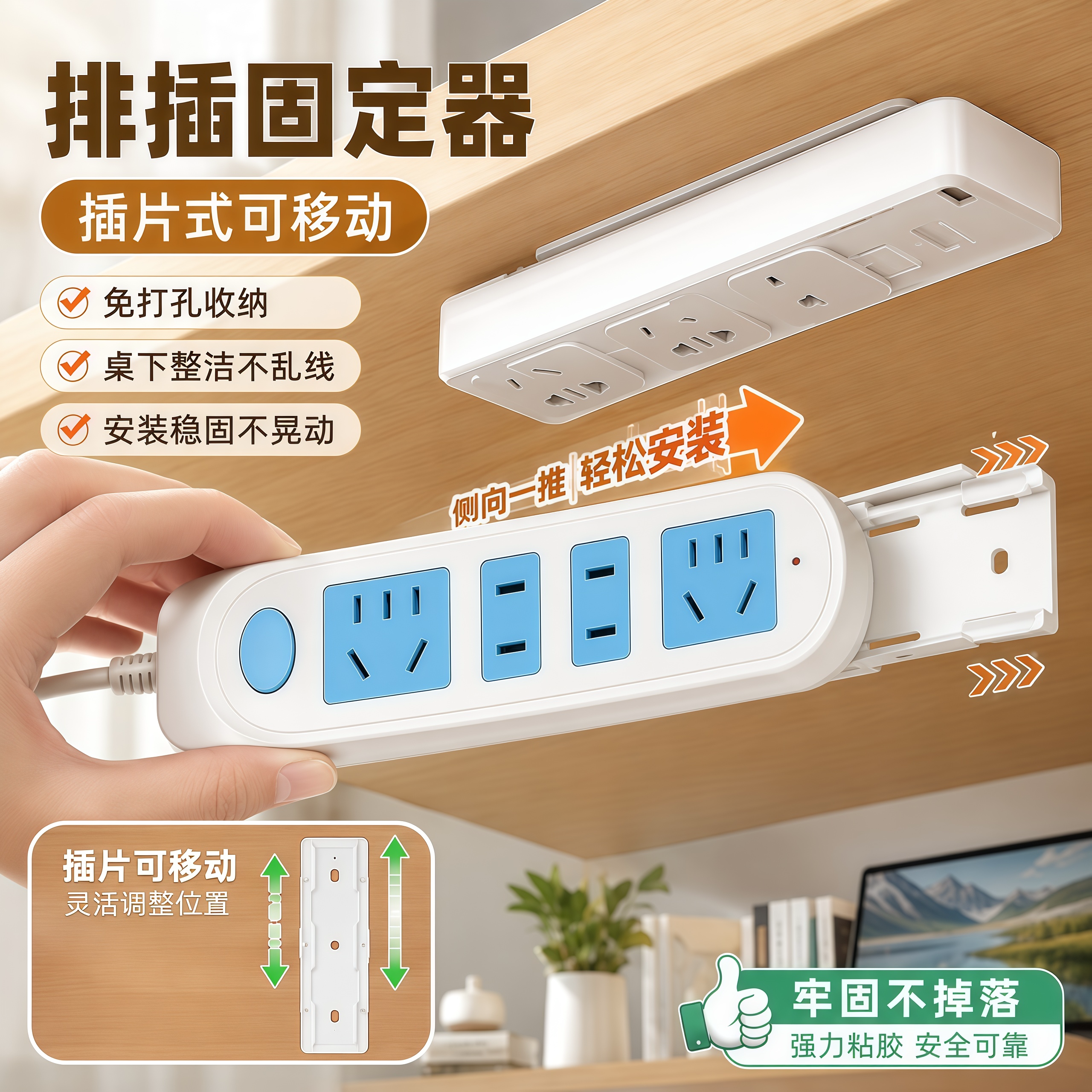 排插固定器免打孔插线板电线收纳