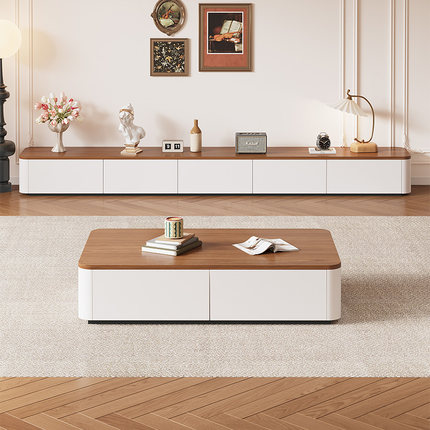 实木电视柜茶几组合家用客厅落地柜2025新款法式复古胡桃电视地柜