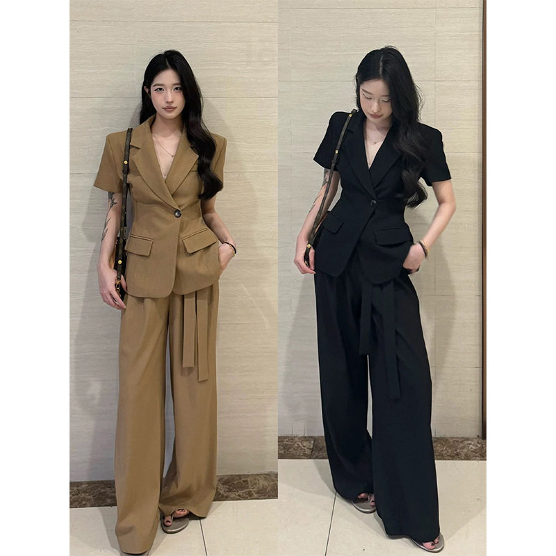 夏季大码气质黑色短袖西装套装女胖mm韩系高腰阔腿裤两件套25109