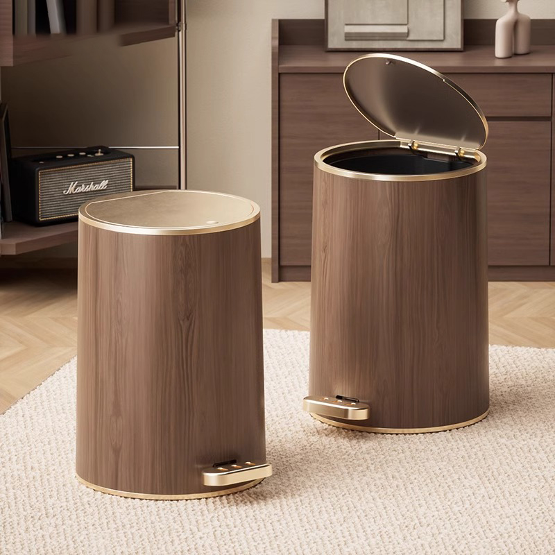 德国NYUYO轻奢彷木纹垃圾桶客厅卧室双层大容量带盖子中古风款纸