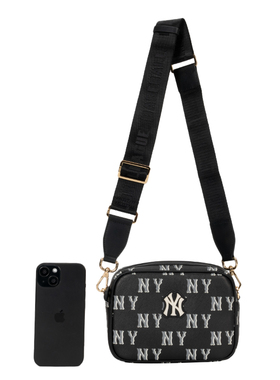 MLB儿童挎包新款黑色时尚老花系列出行休闲单肩背包7ACRM084N