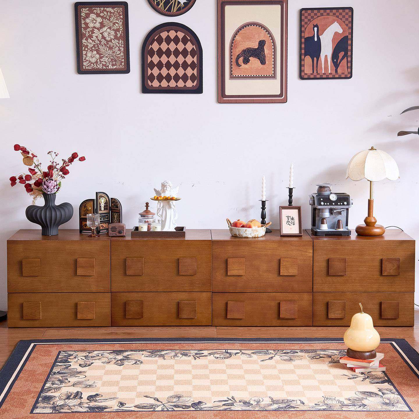 中古风实木电视柜客厅家用落地复古卡门柜简约电视机边柜组合模块