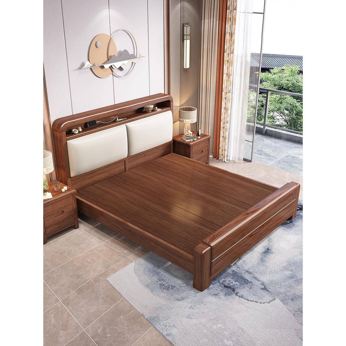 政府补贴胡桃木中式榫卯实木床1米5软靠大床1米8双人卧室储物床I