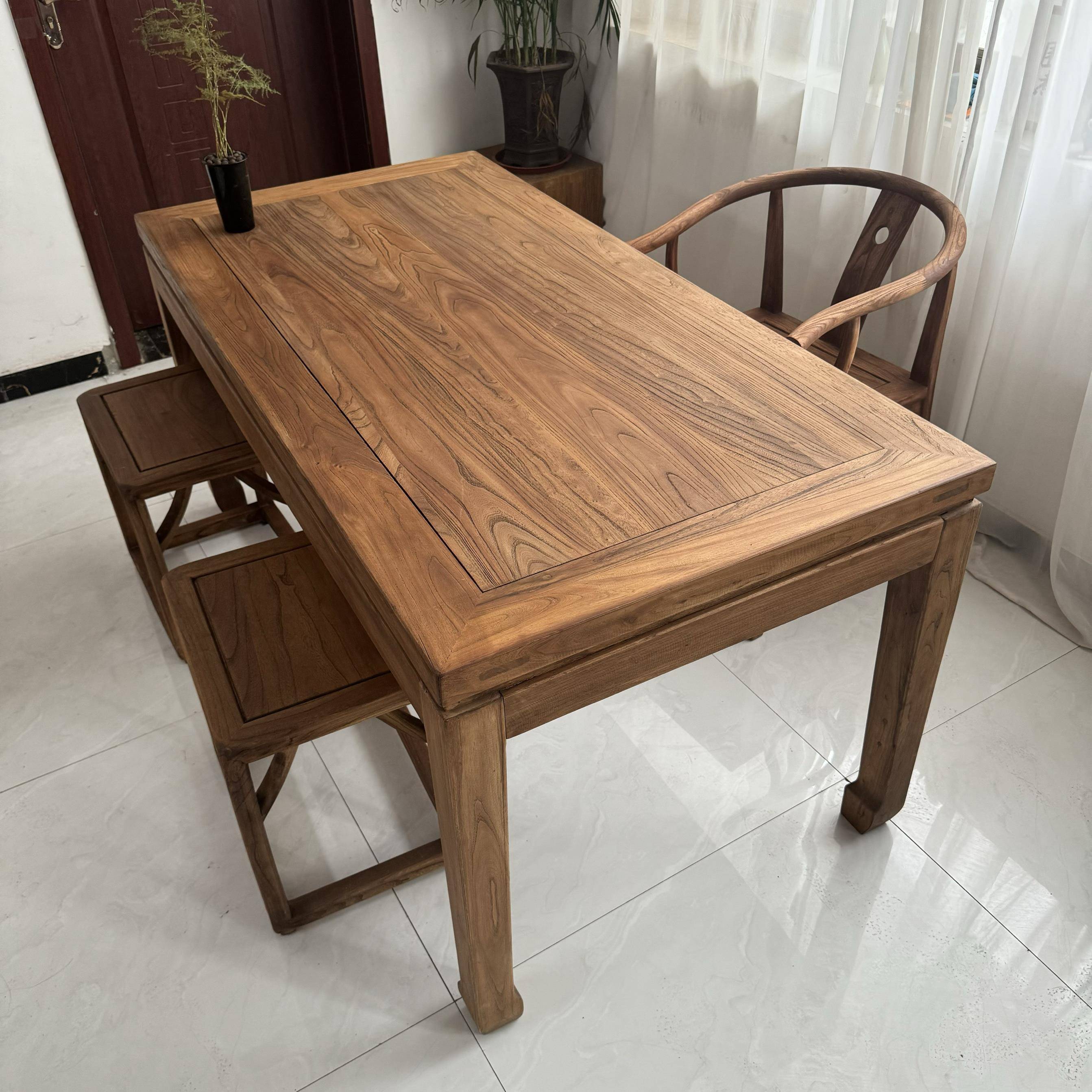 需定制老榆木茶桌覆古茶台原木餐桌家用实木书桌长桌椅束腰中式马