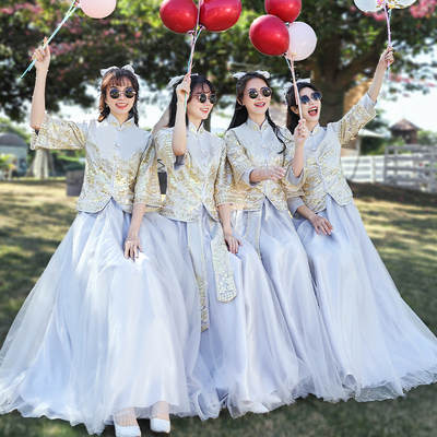 中式伴娘服女姐妹团2022新款夏季长袖大码胖mm 200斤显瘦秀禾礼服