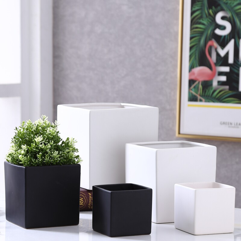 陶瓷花盆家用正四方形带托盘无孔北欧绿萝多肉室内亚光黑白颜色