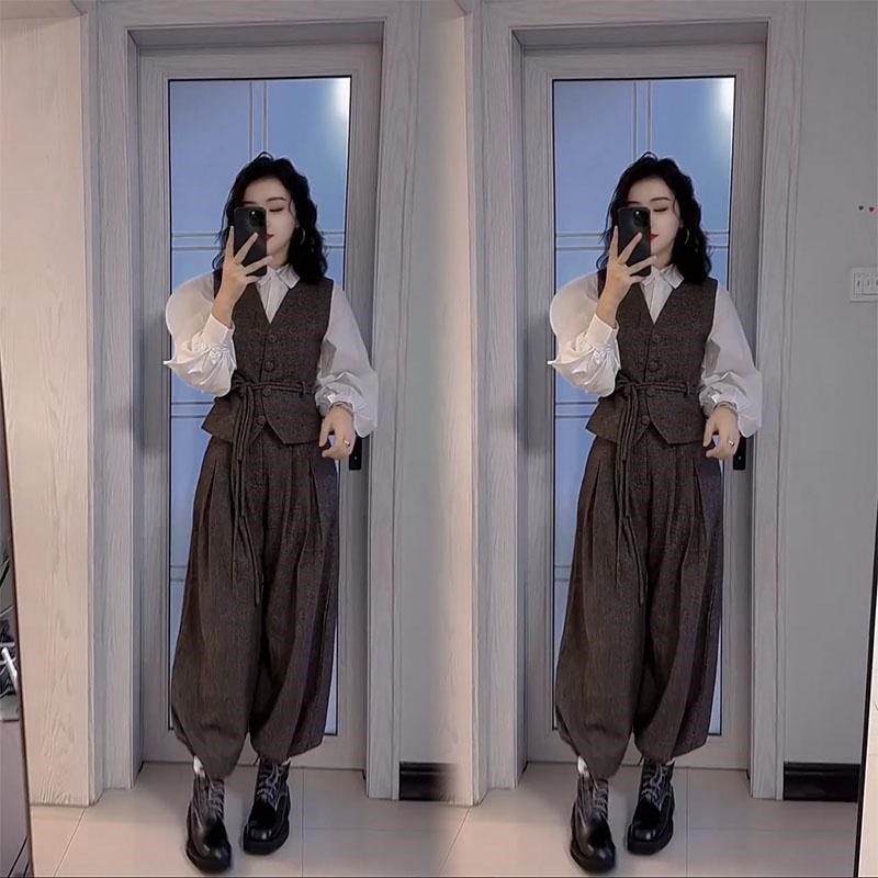 2025春秋新款高品质设计感套装女高级感衬衫马甲阔腿裤三件套女潮