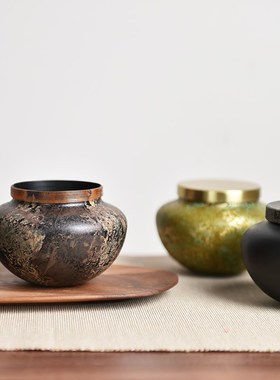 新中式金属茶叶罐摆件家居样板间酒店茶室书房售楼部储物罐装饰品