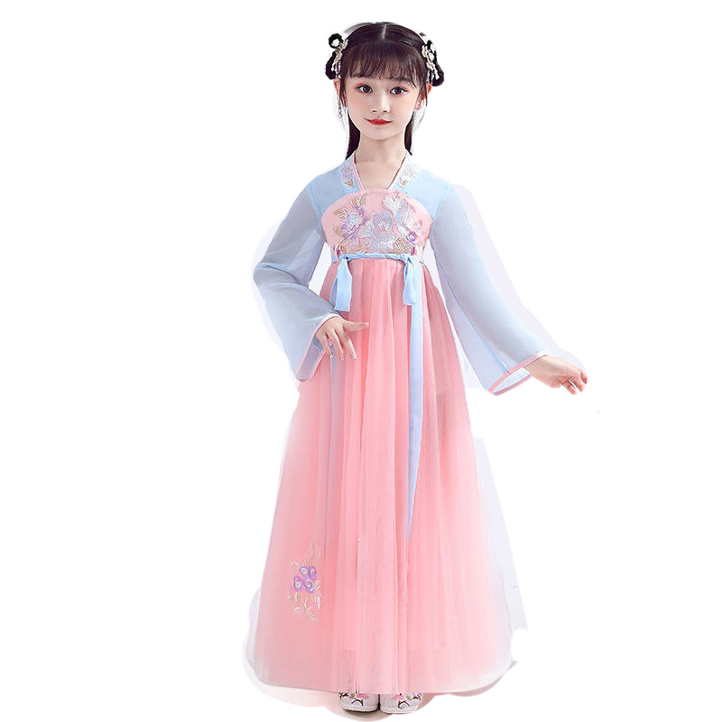 幼儿园胭脂妆舞蹈服装女童古风汉服桃花笑表演服短袖连衣裙儿童薄