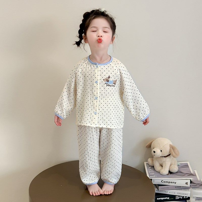女童睡衣春秋2025新款女宝宝纯棉纱布儿童家居服套装长袖开衫波点,童装/婴儿装/亲子装,家居服套装,淘宝优惠券,粉丝福利购,淘宝优惠卷