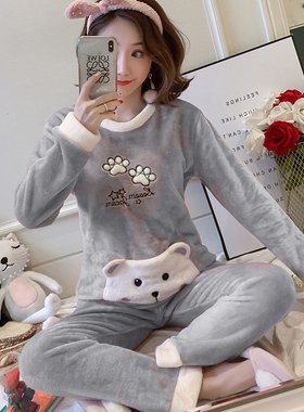 灰色法兰绒睡衣女秋冬学生可爱加厚保暖珊瑚绒加大码宽松两件套装