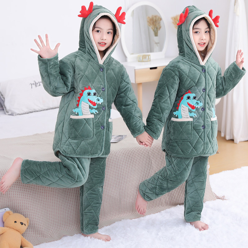 秋冬儿童睡衣三层夹棉加厚长款珊瑚绒卡通法兰绒中大童男童家居服