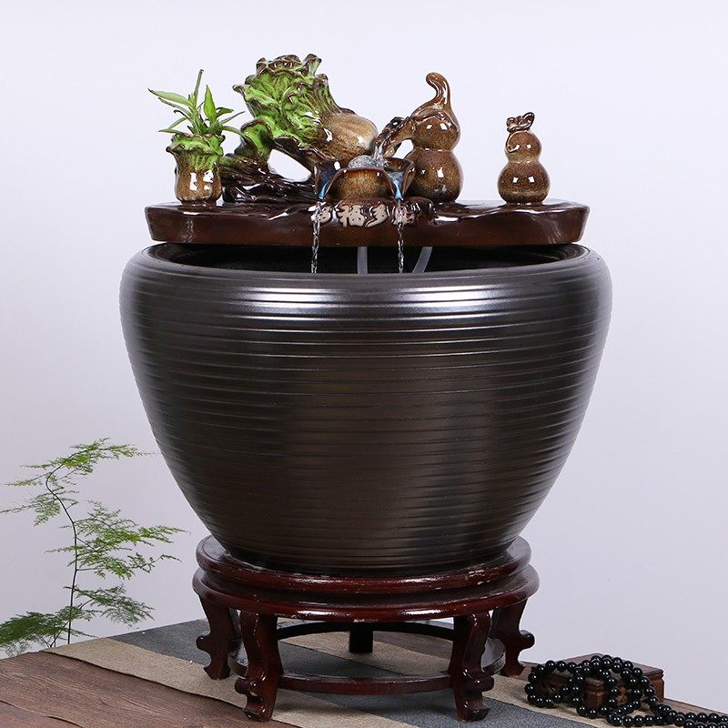 景德镇陶瓷鱼缸流水家用喷泉特大号荷花锦鲤缸客厅养鱼盆落地造景