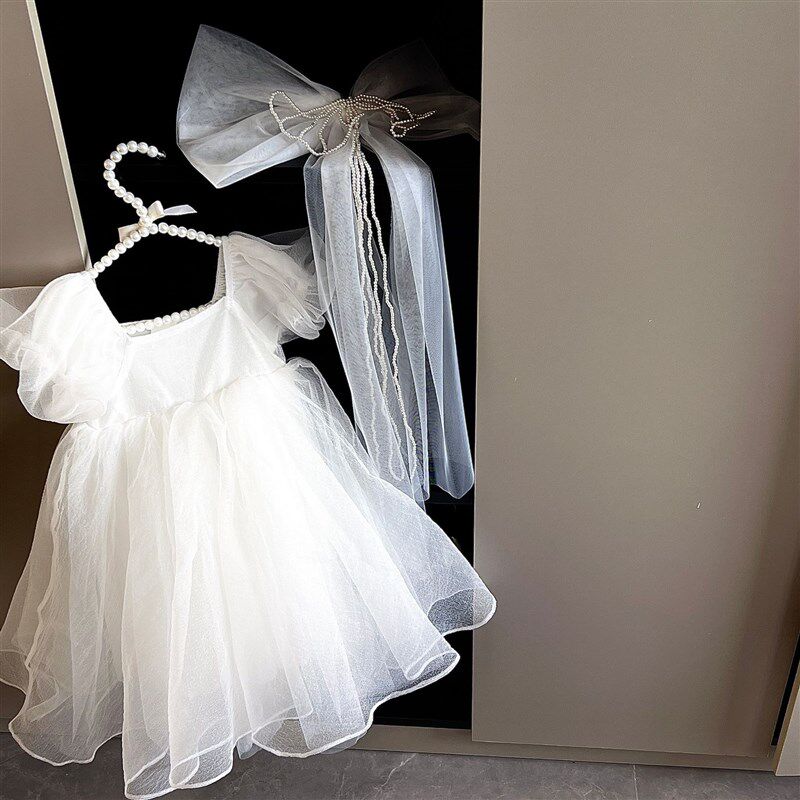 高端女童连衣裙夏装儿童白色婚纱蓬蓬纱裙生日演出礼服公主裙长裙
