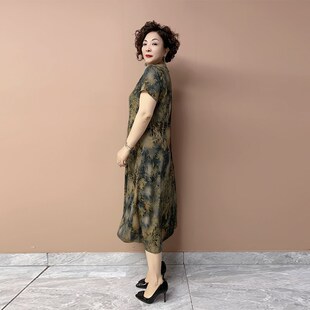 新中式妈妈真丝裙子夏季新款老年人短袖国风暗纹提花连衣裙长裙女