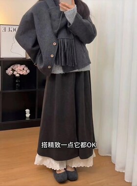 黑灰色蕾丝拼接裙裤25春季女大码胖mm假两件屁帘a字长款阔腿裤裙